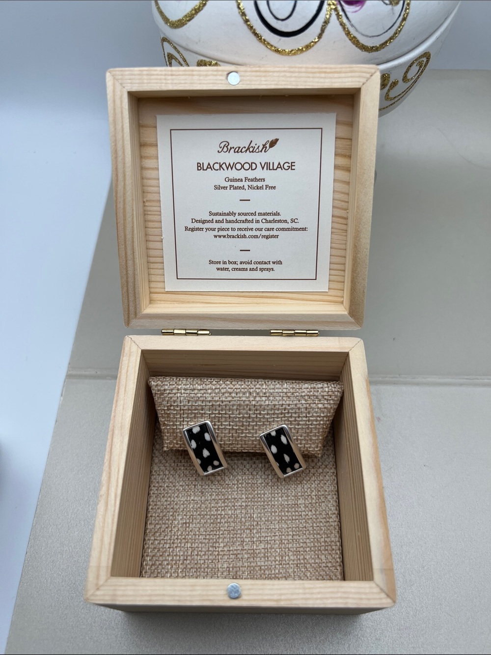 Brackish Blackwood Village Guinea Feathers Silver Rectangular Stud Earrings - Picture 13 of 17